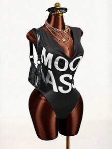 Mistrie Women's Letter Print Plunging Neck Sleeveless Bodysuit - Black and White - View 5