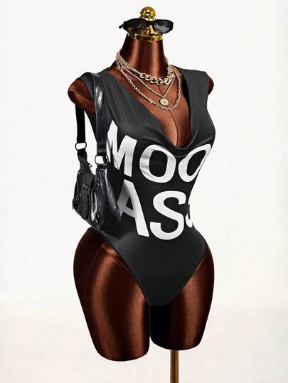 Mistrie Women's Letter Print Plunging Neck Sleeveless Bodysuit