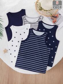 paquete de 5 piezas de camisetas sin mangas casuales y cómodas para niños con estampado de rayas y estrellas, ligeras, suaves y versátiles, aptas para todas las estaciones - Multicolor - Ver 3