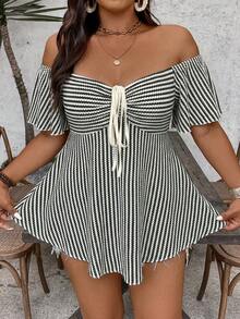 SHEIN VCAY Blusa/camisa de mujer vintage de talla grande, casual, de vacaciones, de primavera/verano, de playa, bohemia, con jacquard, a rayas, hombros descubiertos y cordón, colorida - Verde - Ver 4