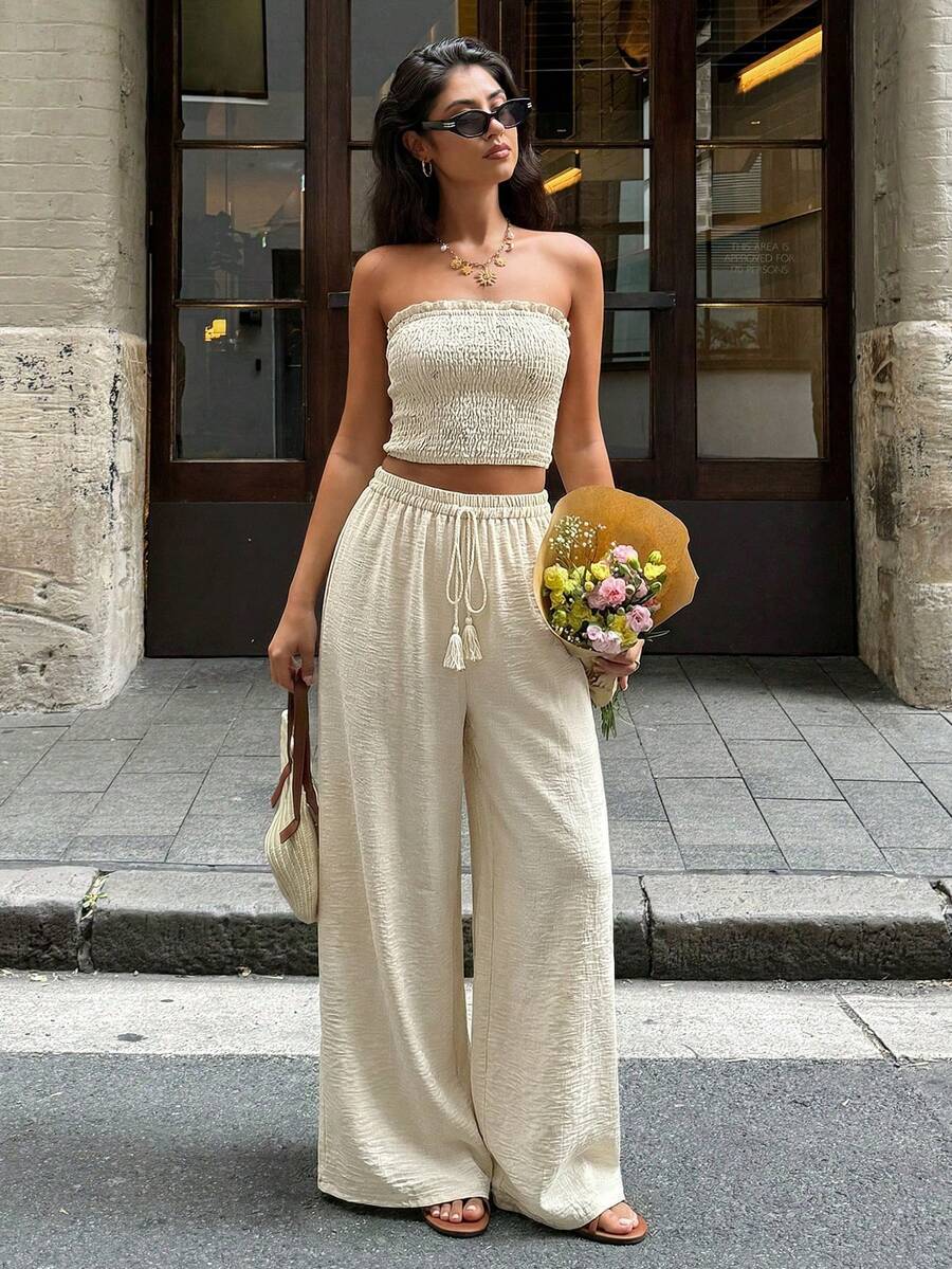 Serisse 女士度假休闲纯色抹胸上衣和裤子两件套 - 杏色 - 查看 1