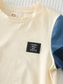 Cozy Pixies 2件套男童撞色针织标签圆领短袖上衣和松紧腰短裤 - 杏色 - 查看 5