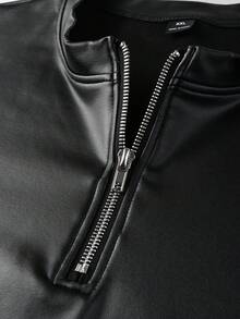 Manfinity AFTRDRK Áo thun nam tay ngắn, màu trơn, có khóa kéo, cài khuy nửa thân, chất liệu giả da. - màu đen - Xem 4