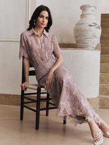 Anewsta 女士镂空蕾丝边单排扣休闲百搭日常衬衫 - 紫色 - 查看 6