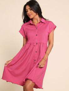 Coeurva Damen einfarbiges Lässig Minikleid mit Knopfleiste und Kurzarm - Pink - Übersicht 5