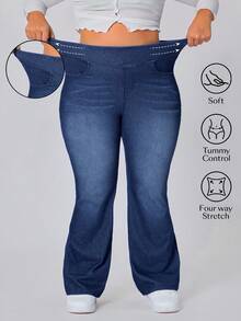 SHEIN CURVE+ Plus Size Women Casual Elastic Flare Leg Jeans - Dark Wash - View 1