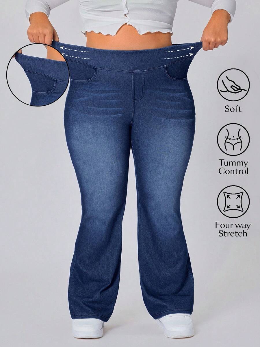 SHEIN CURVE+ Plus Size Women Casual Elastic Flare Leg Jeans - Dark Wash - View 1
