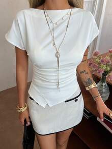 Livesso Women's Pleated Waist White Elegant Blouse, Summer - White - View 4