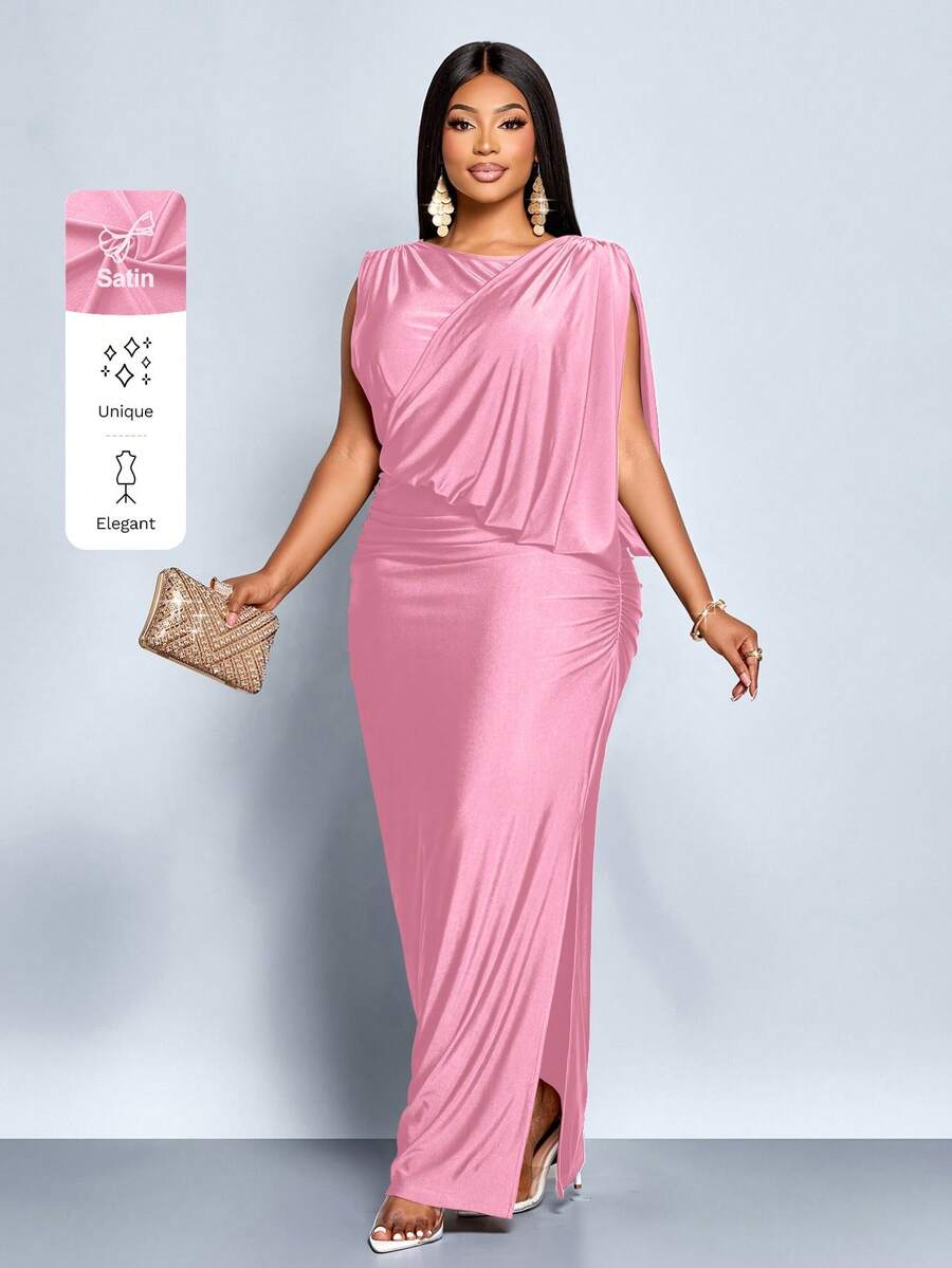 SOLERSUN 大码女式派对通勤优雅棕色亮面针织面料无袖露肩不对称领肩部褶裥臀部收褶性感H型下摆侧开衩长裙，圆领腰包搭配折叠臀部褶裥的超长连衣裙，不对称拼接褶裥，秋冬季，派对礼服，舞会礼服，奢华晚礼服，毕业礼服，黑色连衣裙 - 粉色 - 查看 1