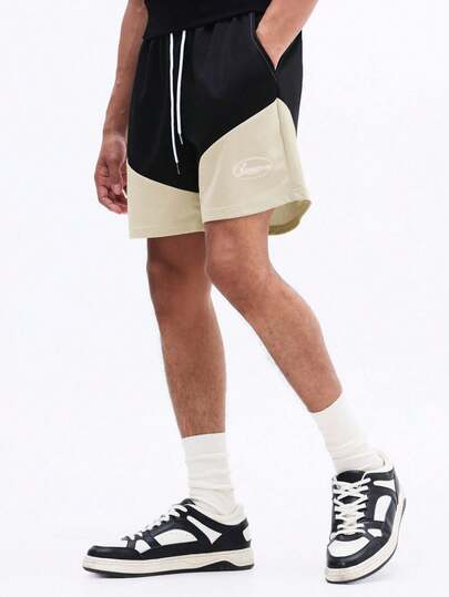 SUMWON Drawstring Basketball Shorts Color Block Contrast Panel Design With Elastic Waistband Relaxed Fit Summer Casual Wear