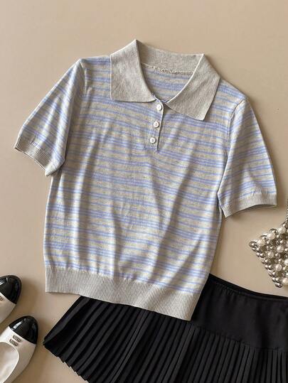 Muvela Multicolor Chiffon Gray Women's Polo Collar Striped Contrast Color Short Sleeve Knit Top, Retro Collegiate Elegant Carnival Party Cute Urban Commute Workwear Daily Casual Romantic 90s Vintage Inspired, Suitable For Valentine's Day, Spring Break, Birthday, Party, Beach, Graduation, Fashion, Minimalist Romantic, Wedding Guest, Hostess, Outing, Date, Party, Concert, Stage Performance, Breakfast, Tea Party, Airport, Summer Holiday