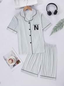 Teen Boy Striped Text Print Pattern Short Sleeve Shorts & Cardigan Pajama Set, Milk Silk Fabric, Casual Loungewear For Teens - Grey - View 3