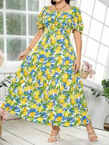 SHEIN Clasi 大码夏季柠檬印花花瓣袖连衣裙 - 彩色 - 查看 7