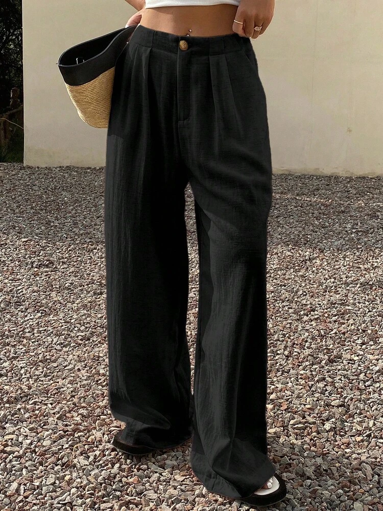 Women's Loose Solid Color Wide Leg Pants With Pockets, Casual Vacation Summer Trousers