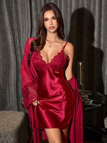 Women's Sexy Valentine's Day Wine Red Contrast Lace Satin Backless V-Neck Slip Dress And Sheer Lace Tie-Up Robe 2-Piece Sleepwear Set - Burgundy - View 1