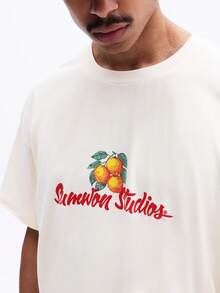 SUMWON Áo thun nam dáng rộng cổ tròn tay ngắn in hình trái cây, phong cách thường ngày, chất liệu cotton, thích hợp mặc mùa hè. - Màu be - Xem 5