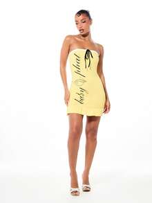 BABYPHAT Đầm mini quây bằng vải jersey với chi tiết buộc dây, viền bèo nhún, không dây đeo, ôm sát cơ thể, màu vàng, thích hợp cho tiệc mùa hè. - Màu vàng - Xem 3