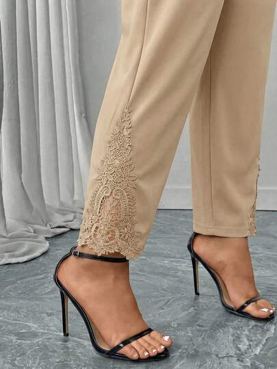 Reflora Plus Size Women Casual/Work Solid Color Lace Trim Pants