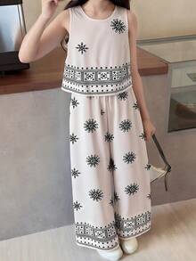 SHEIN 2pcs/Set Casual Commuter Digital Print Sleeveless Top And Elastic Waist Wide Leg Maxi Skirt Set For Teen Girls, Spring/Summer - Apricot - View 1