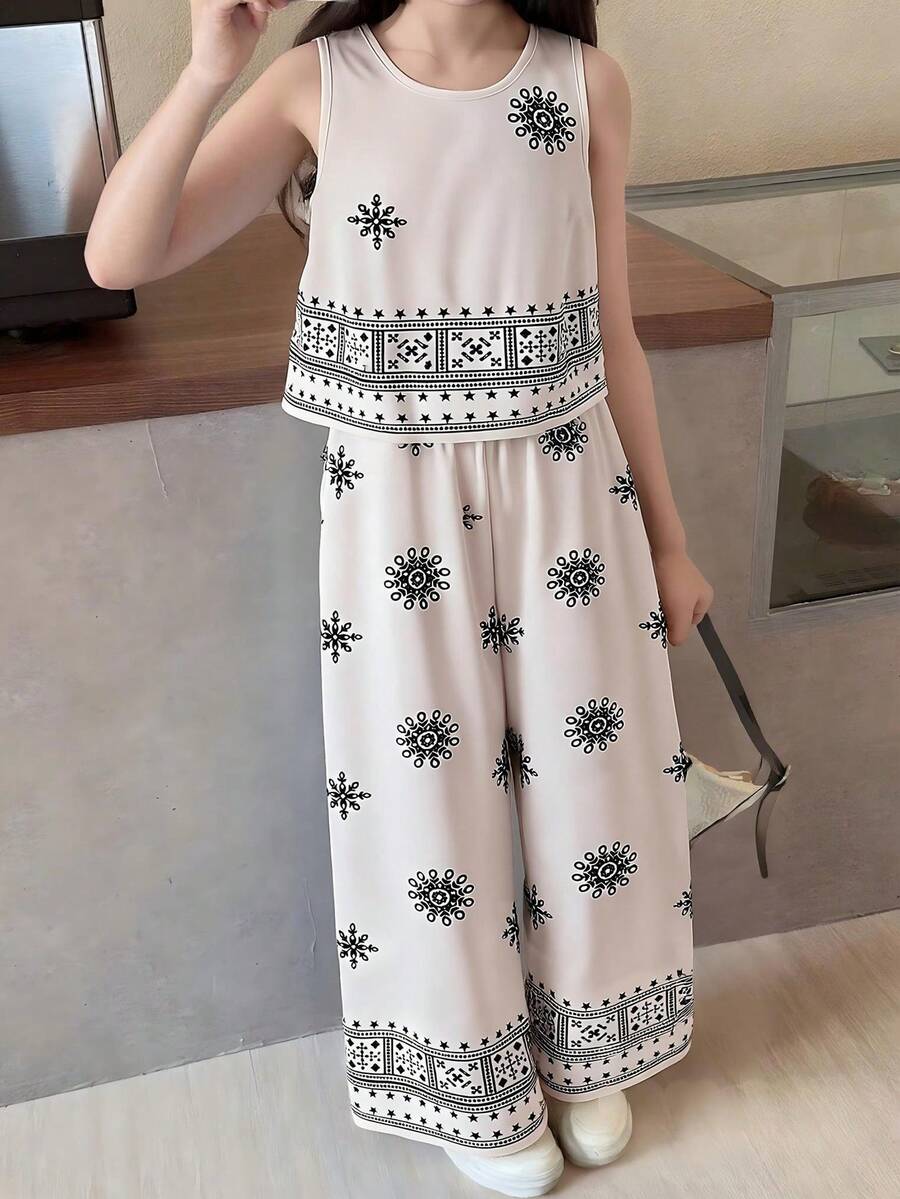 SHEIN 2pcs/Set Casual Commuter Digital Print Sleeveless Top And Elastic Waist Wide Leg Maxi Skirt Set For Teen Girls, Spring/Summer - Apricot - View 1