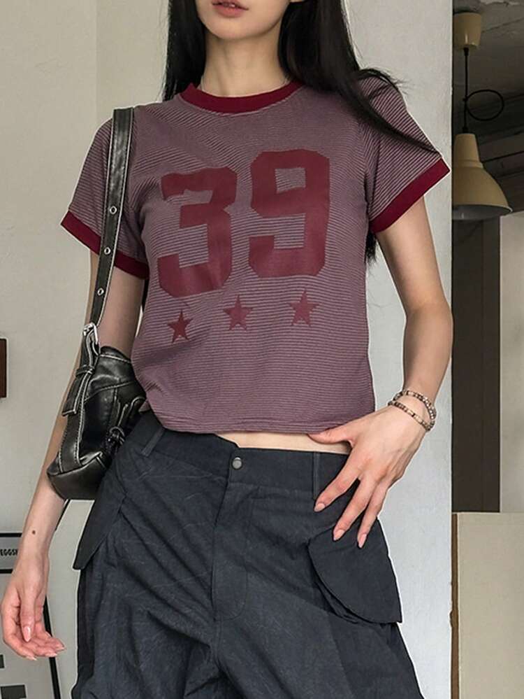 Retro American Colorblock Letter Print Short Sleeve T-Shirt, Slim Fit Versatile Casual Top For Women Graphic Tees Women Crop Tops Women