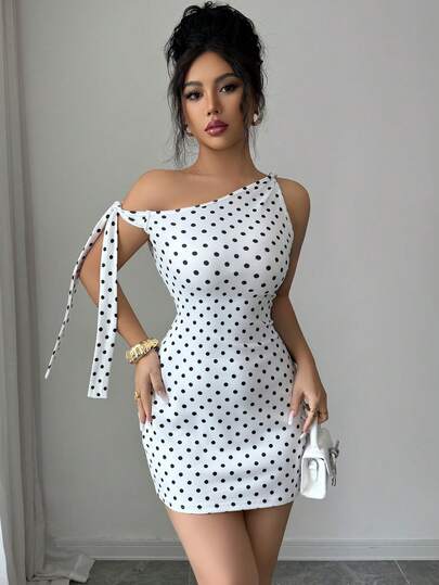 Elenzga Women's Elegant Fitted Asymmetric Shoulder Twist Tie Polka Dot Print Knit Mini Dress, Summer. Fashionable Casual Outdoor Vacation Daily Fitted Silhouette, Suitable For Women's Parties, Dates, Gatherings, Work Commute, Business. Asymmetric Shoulder Tie Polka Dot Dress, Suitable For Daily Wear, Summer Asymmetric Shoulder Twist Dress, Women's Summer Dress, Suitable For All Seasons, Graduation, Back To School, Teacher's Day.