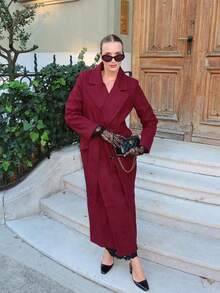 ORNATELLA 女士优雅酒红色中长款系带羊毛混纺大衣，冬季外套 - 酒紅色 - 查看 4