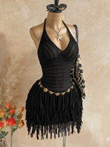 Soleia Vestido mini de mujer de talla grande con textura de punto, con borlas, estilo halter, para vacaciones. Sexy atuendo para fiesta, cita, playa, vacaciones de verano. Adecuado para citas, té de la tarde, temporada de bodas, crucero de playa, viaje de ciudad, vacaciones bohemias, festival de música. - Negro - Ver 8