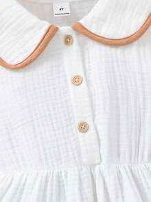 SHEIN 女童翻领无袖白色休闲连衣裙，简约乡村风可爱柔软连衣裙，女童夏季100%纯棉连衣裙 - 白色 - 查看 5