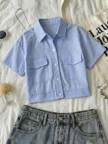 SHEIN Tween Girls' Casual School Style Blue & White Striped Pocket Cropped Shirt, Versatile For School And Daily Wear - Blue - View 6