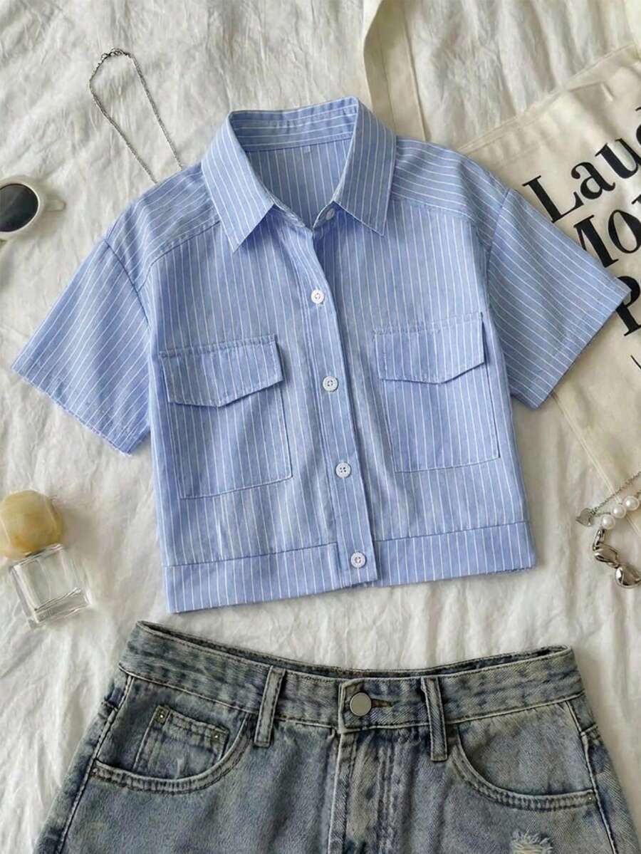 SHEIN 少女休闲校园风蓝白条纹口袋短款衬衫，适合上学和日常穿着 - 藍色 - 查看 1