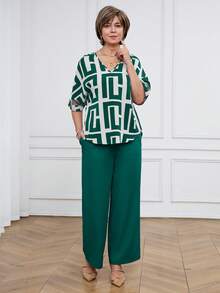 Miaspire Women's Casual Commuter Geometric Print Top And Pants 2 Pieces Set - Cadet Blue - View 4