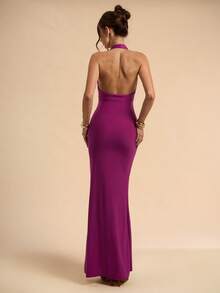 SHEIN BAE Plum, Deep Rose Red Sexy Deep V-Neck Maxi Elegant Halter Dress, Graceful Long Dress For Women, Spring/Summer - Hot Pink - View 2