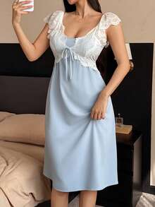 DAZY Lace Patchwork Waist Maxi Nightgown, Women's Spring Loungewear Dress - Baby Blue - View 3