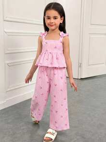 Emery Rose Kids Emery Rose Kids Bộ đồ thể thao thường ngày cho bé gái, thích hợp đi học, nghỉ hè, đi làm, gồm áo hai dây dáng chữ A phối họa tiết, thắt nơ và sọc, kết hợp cùng quần ống rộng cũng phối họa tiết. - Hồng - Xem 10