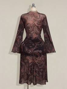 SHEIN ICON Áo dài tay dáng rộng dành cho nữ, họa tiết hoa, thắt nơ phía trước, kiểu dáng thường ngày. - màu nâu - Xem 2