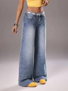 TRNVIE Fashionable Casual Street Style Woven Strap Letter Print Straight Leg Jeans - Light Wash - View 5