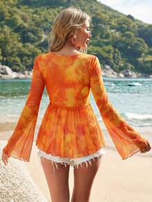 SHEIN VCAY Vacation V-Neck Allover Print Twist Front Long Sleeve Blouse For Women - Orange - View 3