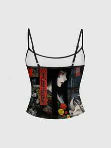 ROMWE Anime 暗黑动漫美学复古恐怖神秘吊带背心（女款） - 黑色 - 查看 2