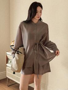 Dazy-Less 女士休闲系带前开襟衬衫和短裤两件套，秋季款 - 灰色 - 查看 5