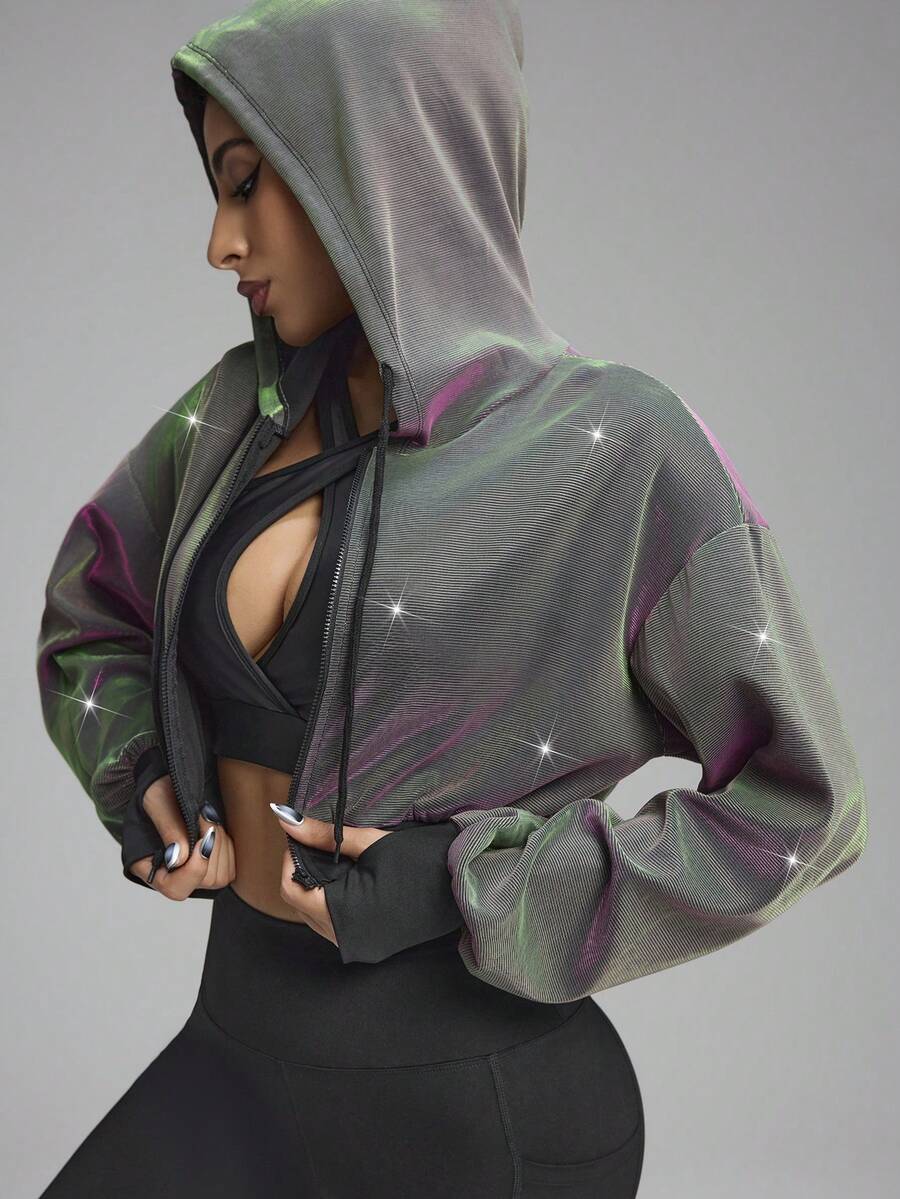 Innovista Reflective Hooded Zip-Up Cropped Long Sleeve Sports Jacket - Lavender/Yellow - View 1