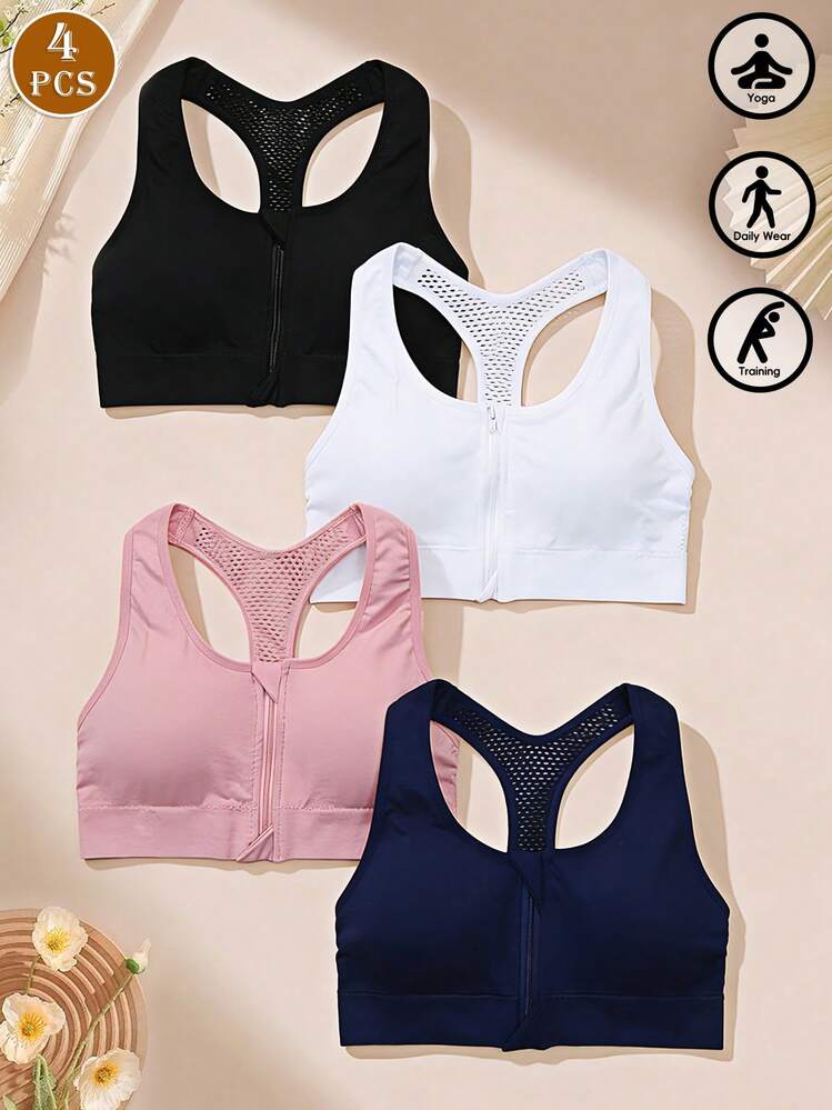 4 piezas Sujetador deportivo con aros y cremallera frontal, sujetador sin tirantes para entrenamiento, camiseta de compresión para yoga, prenda moldeadora, cintura elástica plana con compresión, sujetador abdominal moldeador antichoque, prenda moldeadora transpirable para correr. - Multicolor - Añade 6