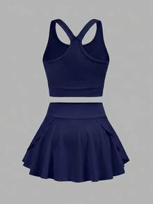 SHEIN Tween Girls' Casual Solid Color Knit Tank Top And Shorts Set, Spring/Summer Tween Two Piece Set Tweens Two Piece Set Tween Crop Top Set - Navy Blue - View 4
