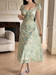 Feyla Đầm nữ dáng lửng thanh lịch, cổ chữ V, tay raglan, thắt nơ phía trước, in họa tiết tie-dye. - Nhiều màu - Xem 3