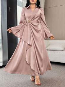 Modelyn Đầm dài tay xẻ tà màu trơn dành cho nữ, trang trí kim loại, xếp ly. - Hồng - Xem 6