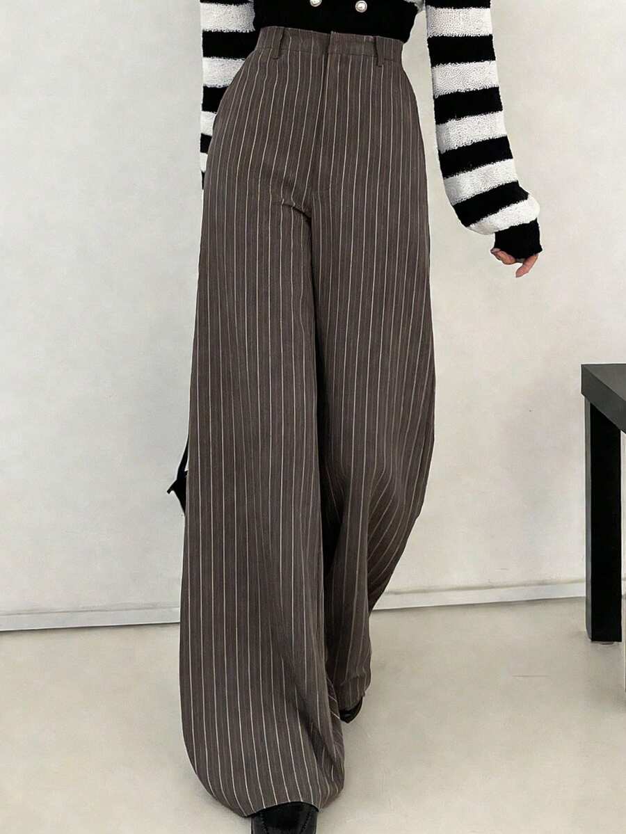 DAZY 女士商务休闲条纹印花高腰宽松阔腿裤，适合日常通勤 - 灰色 - 查看 1
