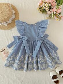 SHEIN LMoss Kids Babygirl Cute Casual Summer Striped Embroidered Peter Pan Collar Dress - Blue - View 6