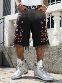 Manfinity EMRG Men's Casual Street Style Embroidered Black Denim Shorts - Black - View 5