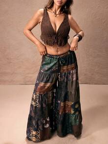 ROMWE PETITE Women's Hippie Style Vacation Paisley & Plaid Retro Print Wide Leg Pants - Brown - View 1