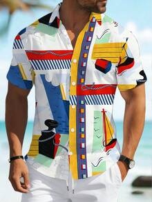 Manfinity RSRT 男士复古航海元素涂鸦衬衫，海滩度假风衬衫，百搭沙滩休闲上衣，适合送给男友、丈夫、家人，男女皆宜的沙滩度假衬衫 - 彩色 - 查看 3